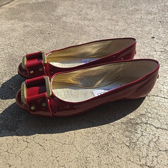 Jimmy Choo Flat Pumps Size 34.5 Red Burgundy Enamel Casual Shoes - Picture 3 of 11
